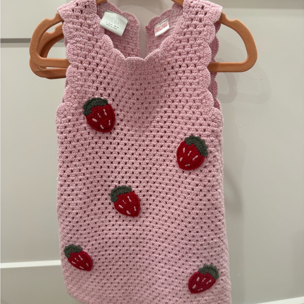 Zara Pink Crochet Dress with Strawberry Appliqués